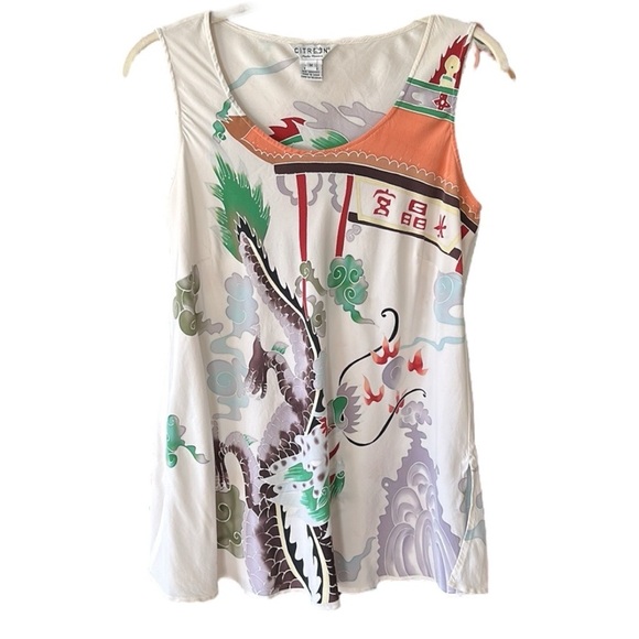 CITRON Santa Monica Silk Asian Inspired Blouse Whimsical Dragon Colorful Size M - Picture 14 of 15